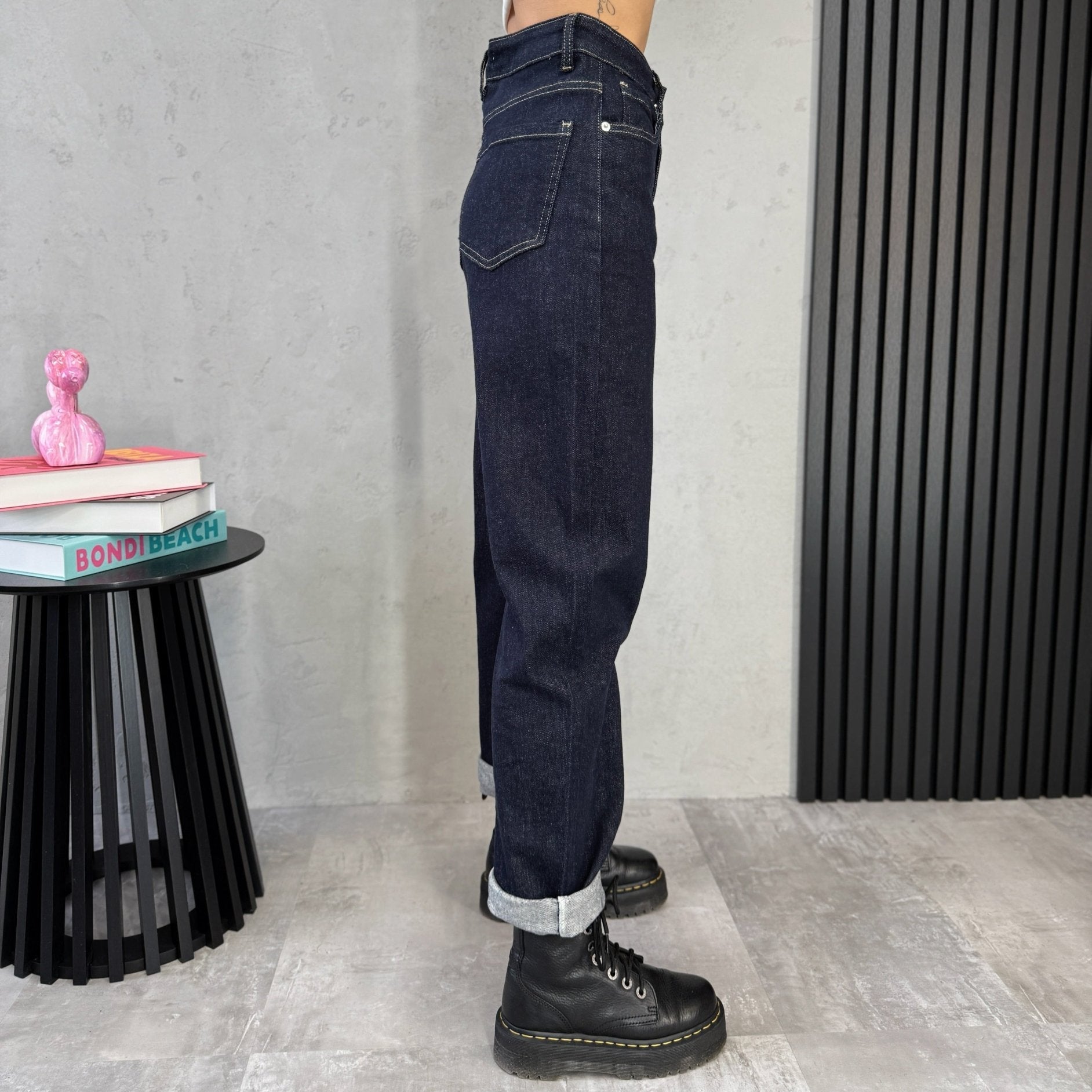 Tamsiai mėlyni mom fit džinsai